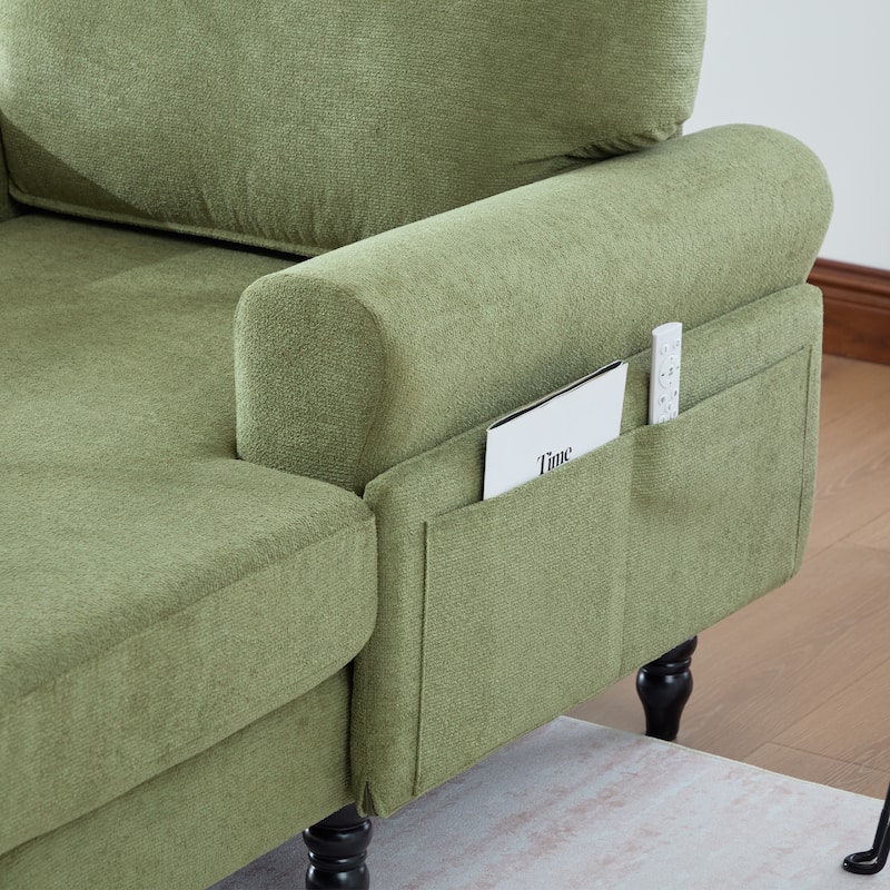 Modern Chaise Lounge Single Sofa Chair, Chenille Fabric Recliner Armchair with Side Pockets and Wooden Legs