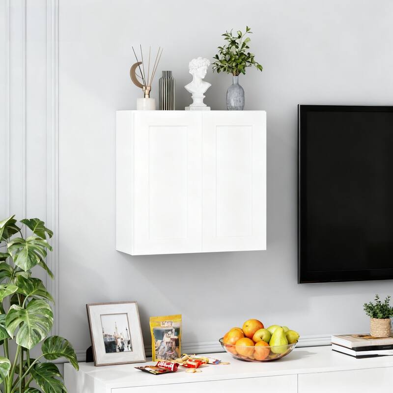 30 Inch White Shaker Double Door Wall Cabinet Solid Wood with 2 adjustable shelves Ready to Assemble for Kitchen - White