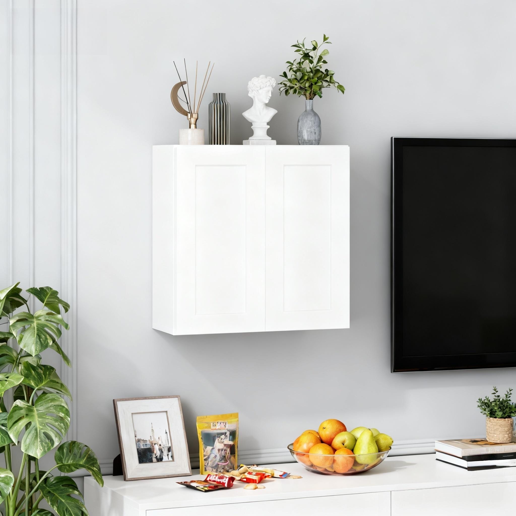 30 Inch White Shaker Double Door Wall Cabinet Solid Wood with 2 adjustable shelves Ready to Assemble for Kitchen