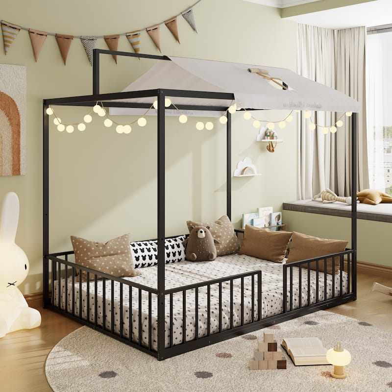 3-in-1 Convertible Metal Bed for Kids, Toddler Floor Bed, Fenced Bed and Montessori Elevated Bed with House-shaped Frame