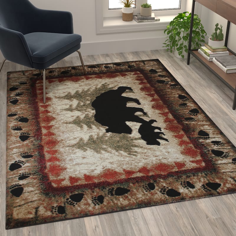 Wandering Bear and Cub Rustic Olefin Area Rug - Jute Backing - 5' x 7' - Brown