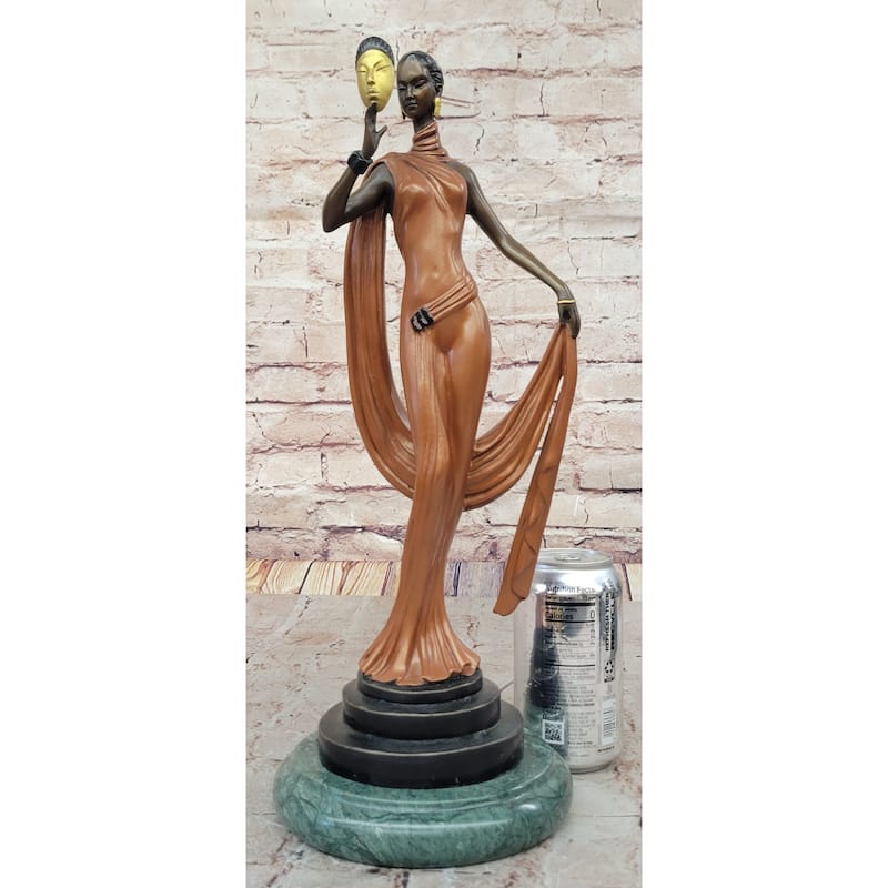 J. Erte Art Deco Bronze Lady With Mask – Elegant Figurine In Flowing Dress On Marble Base