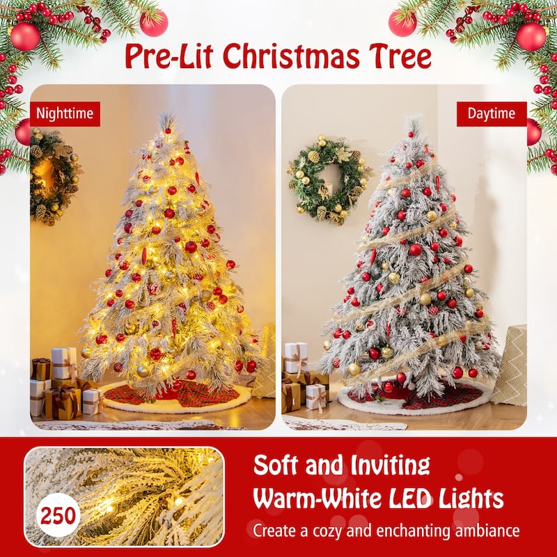 Gymax 4.5/6/7 FT Pre-Lit Artificial Christmas Tree Snow Flocked Full