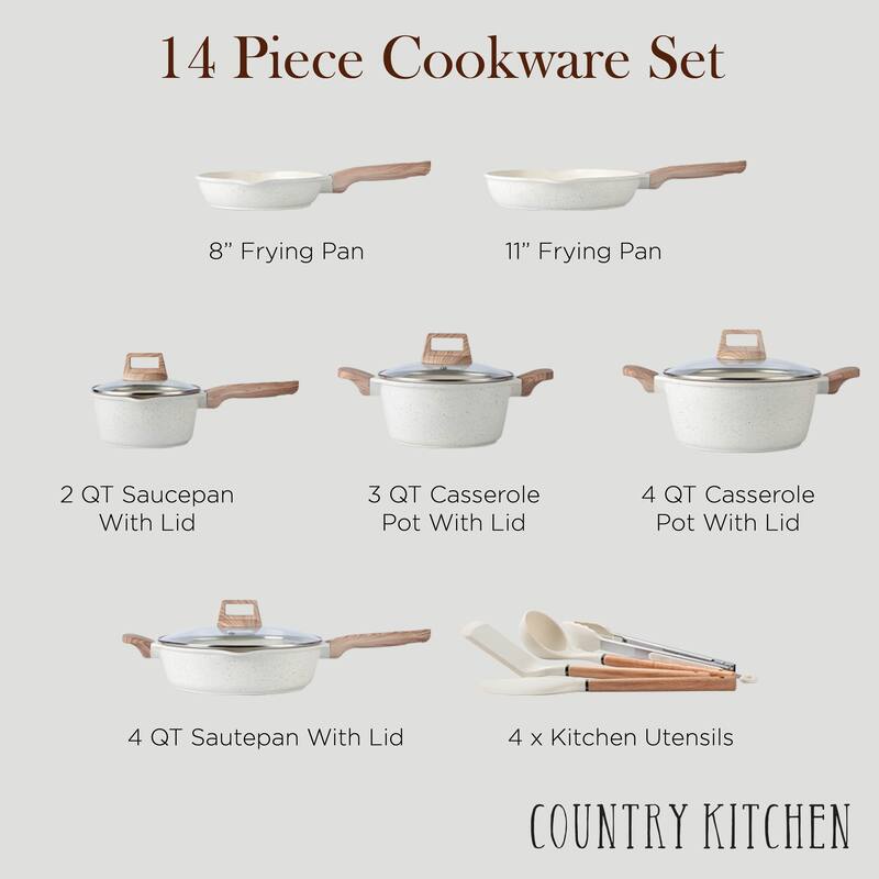 Country Kitchen 14 Piece Kitchen Cookware Set, Nonstick Cast Aluminum with Utensils, Sage