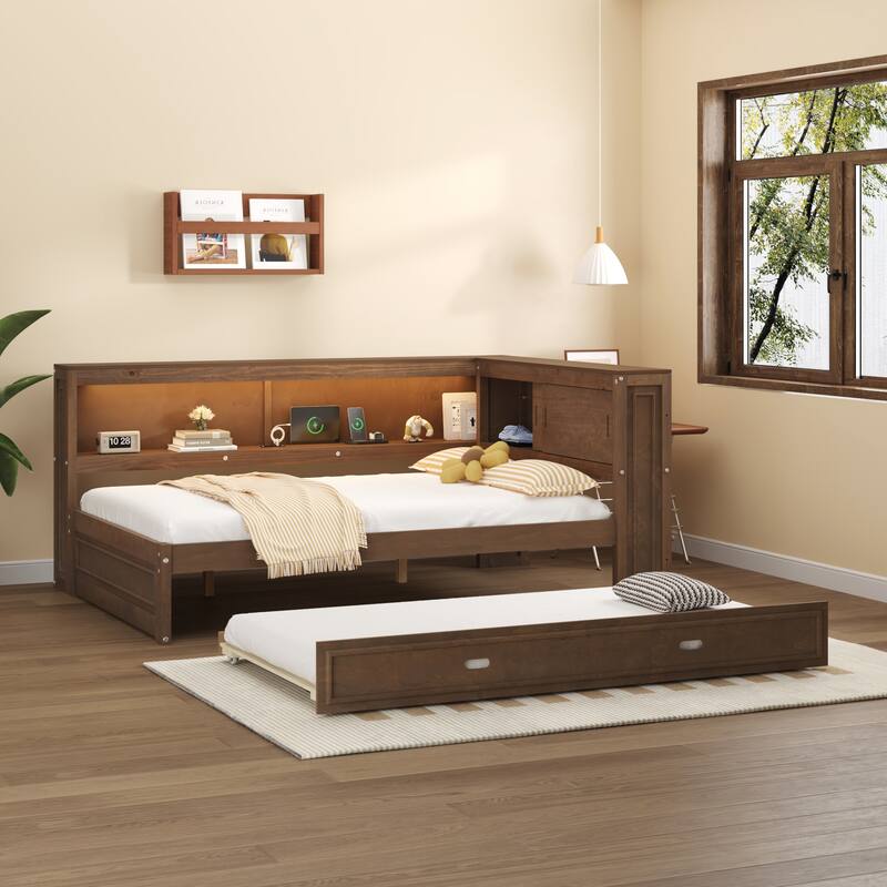 Full Size Wooden Daybed with Pull-Out Trundle, LED-Lit Storage Shelves, USB Charging Port, and Sliding Doors