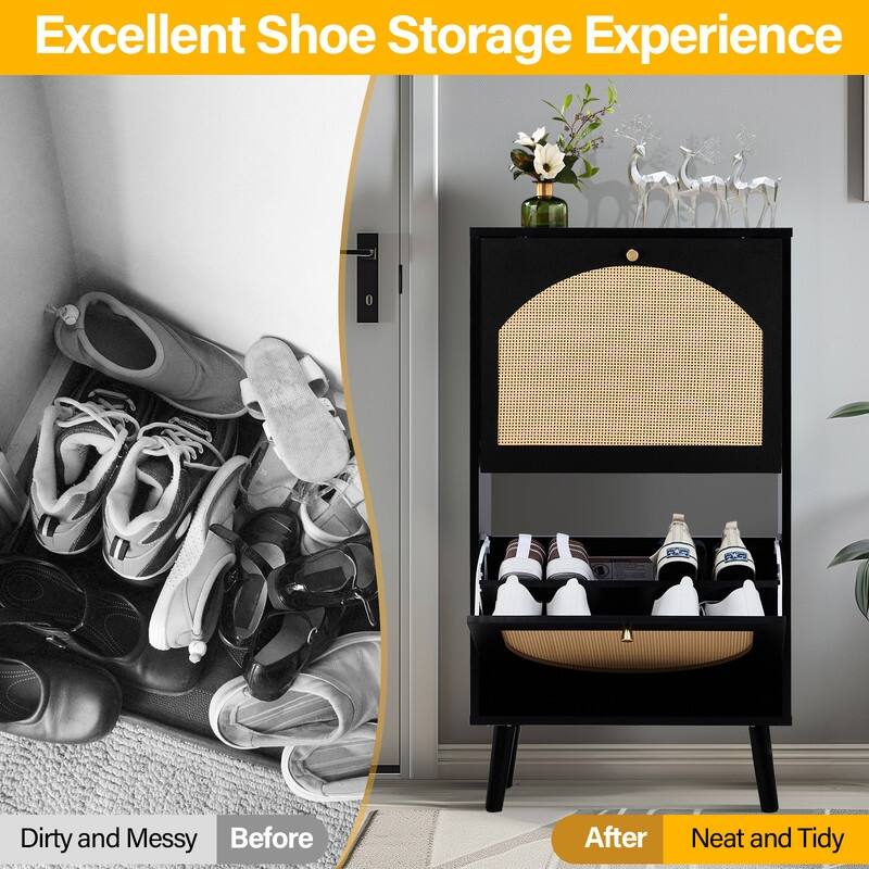 Rattan Shoe Cabinet with 2 / 4 Flip Drawers, Narrow Shoe Storage Cabinet,Organizer for Entryway, Bedroom, Living Room