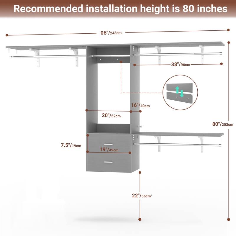 96'' W Wall-mounted Closet System with Storage Shelves and Hanging Rods,Adjustable Walk-in Closet Organizer System