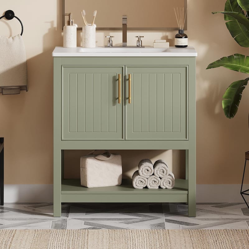 30-Inch Bathroom Vanity with Ceramic Sink and Versatile Storage - Green