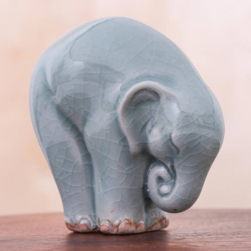 Novica Handmade Elephant Forward Bend Celadon Ceramic Figurine