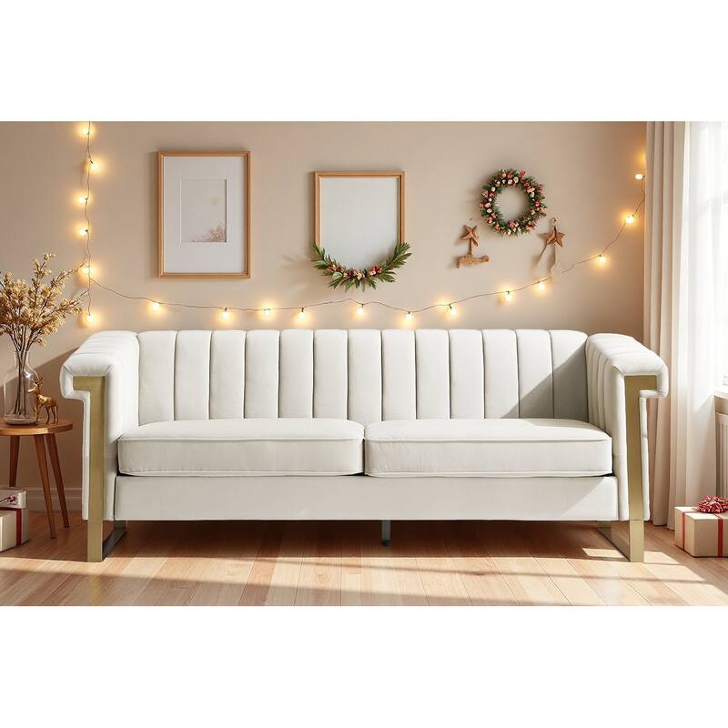 Velvet Sofa Couch for Living Room, Modern Loveseat Couch with Gold Accents, Apartment Chesterfield Sofa