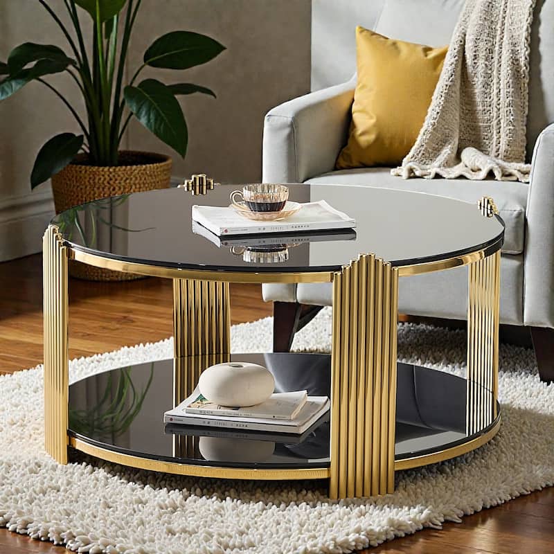 35 Inch Modern Round Coffee Table with Double Layer Black Glass and Gold Stainless Steel Frame, Easy Assembly