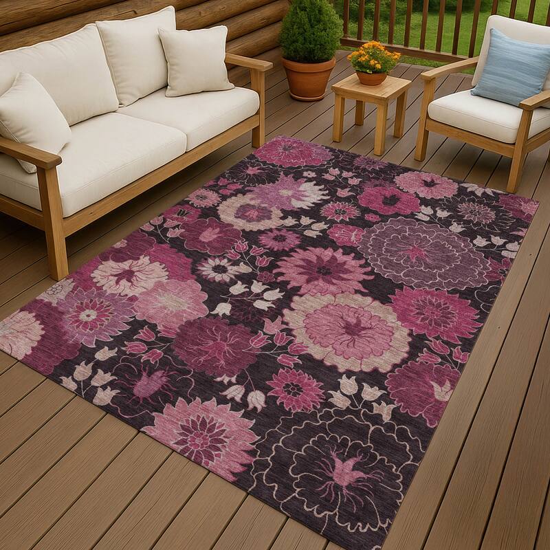 Machine Washable Indoor/ Outdoor Modern Floral Chantille Rug