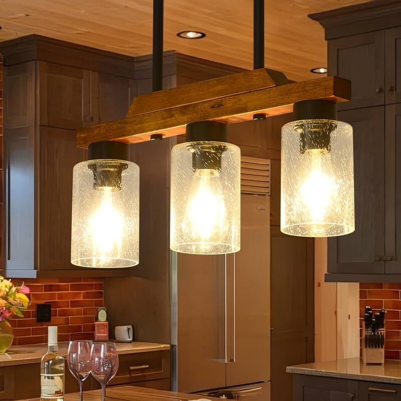 Farmhouse Chandelier for Dining Room Kitchen Island Rustic Wood Linear Pendant Light with Seed Glass Shade - 19.68