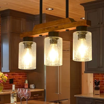 Farmhouse Chandelier for Dining Room Kitchen Island Rustic Wood Linear Pendant Light with Seed Glass Shade