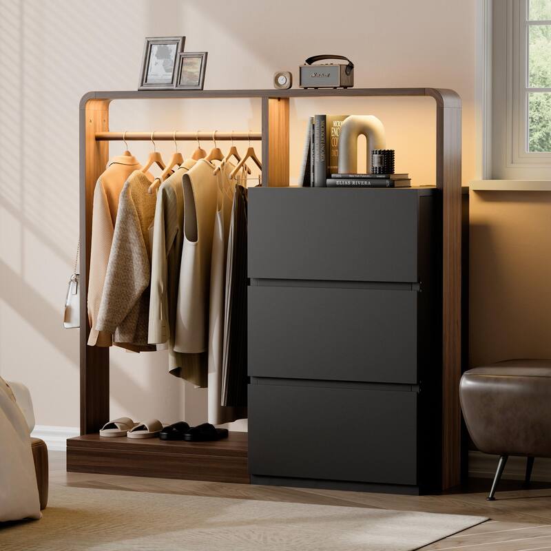 Dresser for Bedroom with Hanging Closet, 3 Drawers Dresser with LED Lights & Charging Station