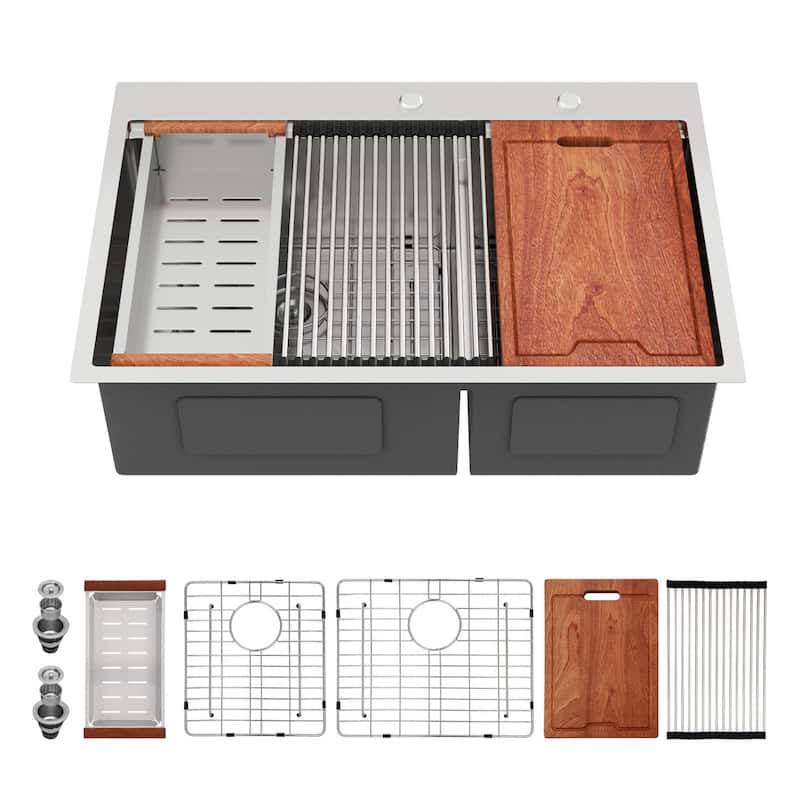 Drop-in Double Bowl 16 Gauge Stainless Steel Kitchen Sink in Brushed Nickel