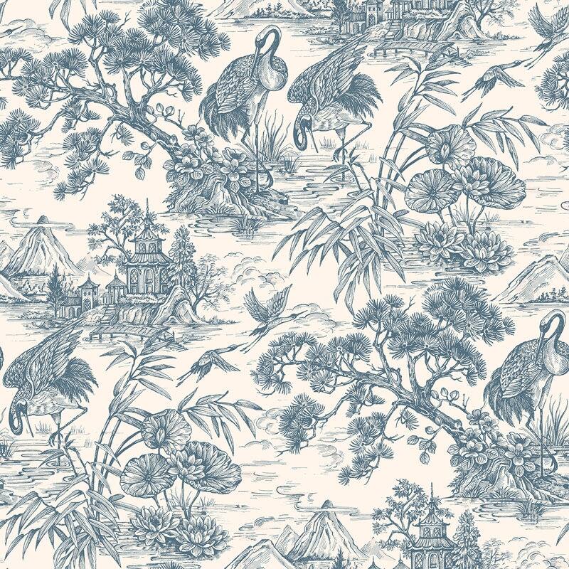 Natoru Crane Toile Non-Pasted Wallpaper - Covers 56 Square Feet - Navy Blue