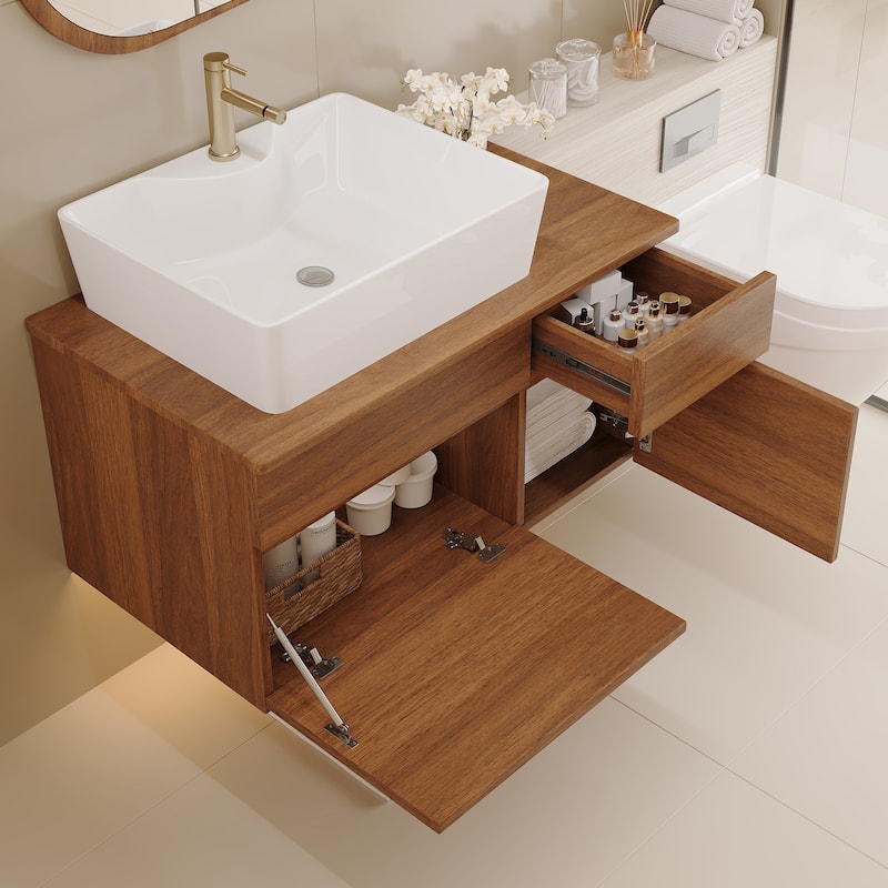 Floating Single Small Bathroom Vanity with Integrated Vessel Ceramic Sink and Multi-layer Storage Solid Wood Cabinet