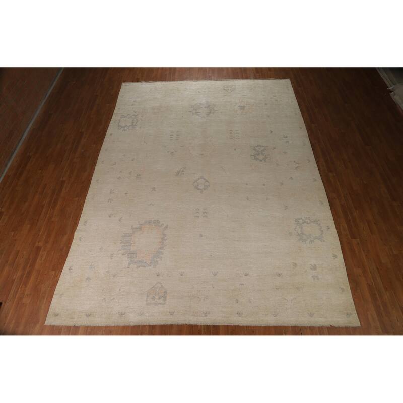Hand Knotted Oriental 100% Wool Carpet Transitional All-Over Beige & Ivories Oushak Area Rug - 13' 6'' X 9' 10''