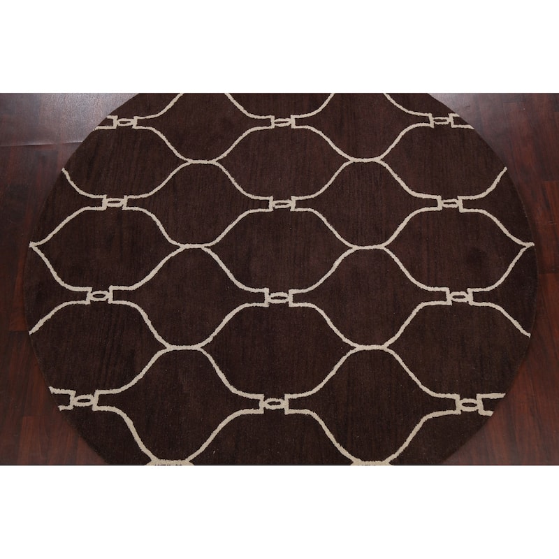 Trellis Brown Contemporary Oriental Area Rug Hand-tufted Wool Carpet - 8'0" x 8'0" Round