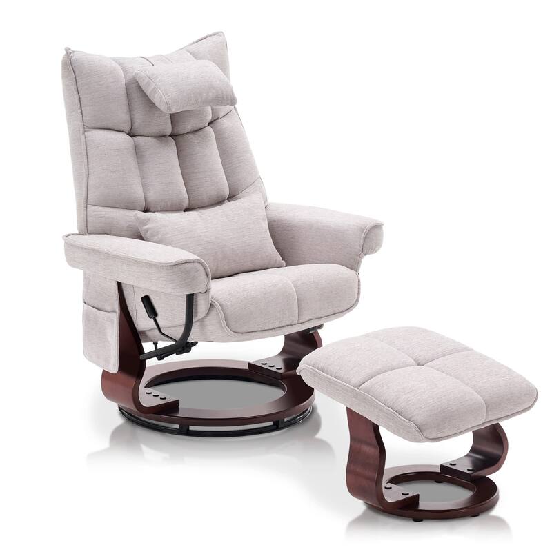 MCombo Swivel Recliner with Ottoman and Neck Pillow, Chenille Fabric - White