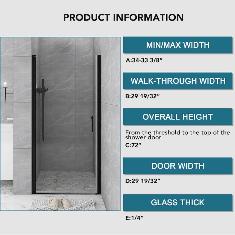 30/32/34/36 Inch Semi-Frameless Pivot Shower Door with Clear Tempered Glass