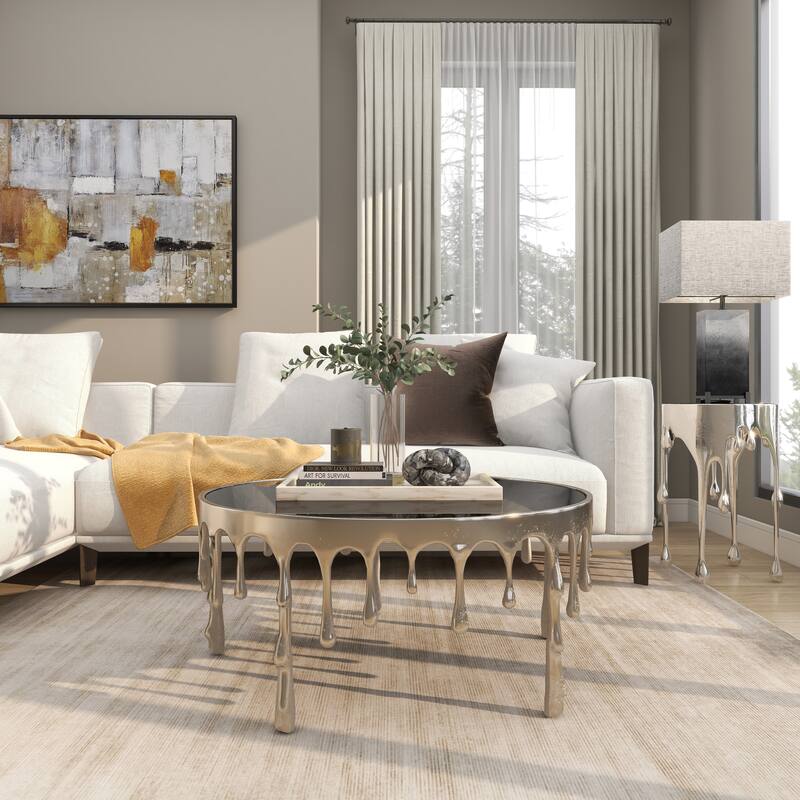 Aluminum Metal Accent, Console, and Coffee Table Collection with Drip Melting Design and Smoke Shaded Glass Top Multiple Colors