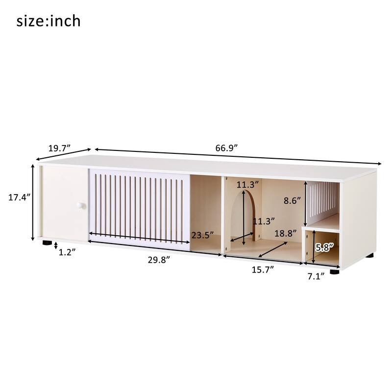 Wood Media Console with Removable Sliding Door, TV Stand with Slatted Doors, Cat-Friendly Compartments
