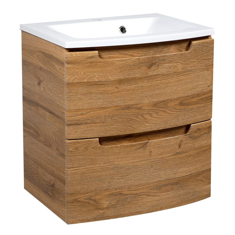 Modern Wall-Mount Bathroom Vanity with Washbasin | Delux Gray Matte Collection with Mirror - 24" - Teak Natural