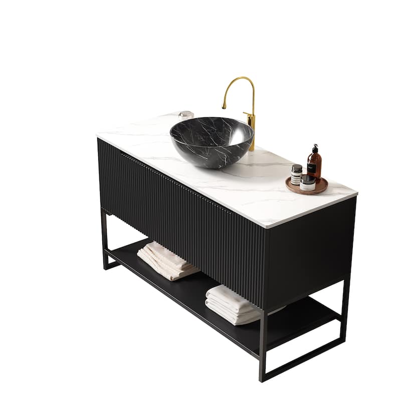 Freestanding Bathroom Vanity with Open Shelf, Black Stone Pattern Bowl Ceramic Basin and Carrara White Sintered Stone Countertop