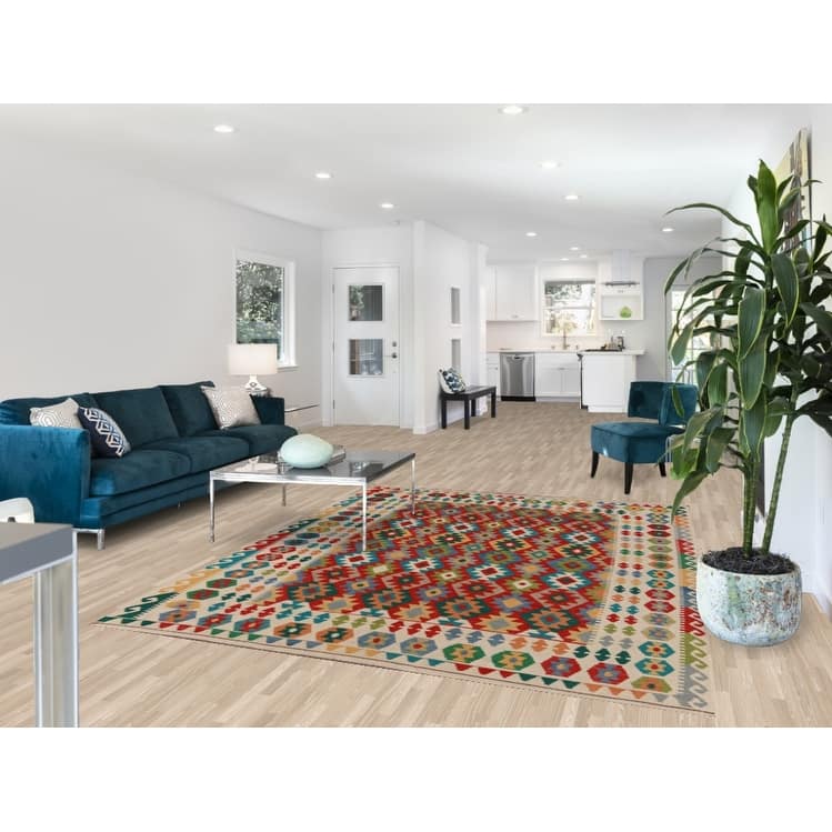 Hand Woven Oriental 100% Wool Carpet Southwestern Geometric Multi-Colored Kilim Area Rug - 8' 4'' X 6' 4''