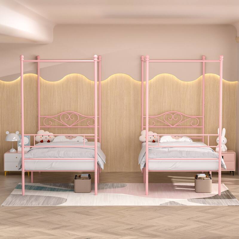 VECELO Twin Canopy Bed Frame with Headboard and Footboard, Metal Four Posters Design, Platform with Steel Slats Support