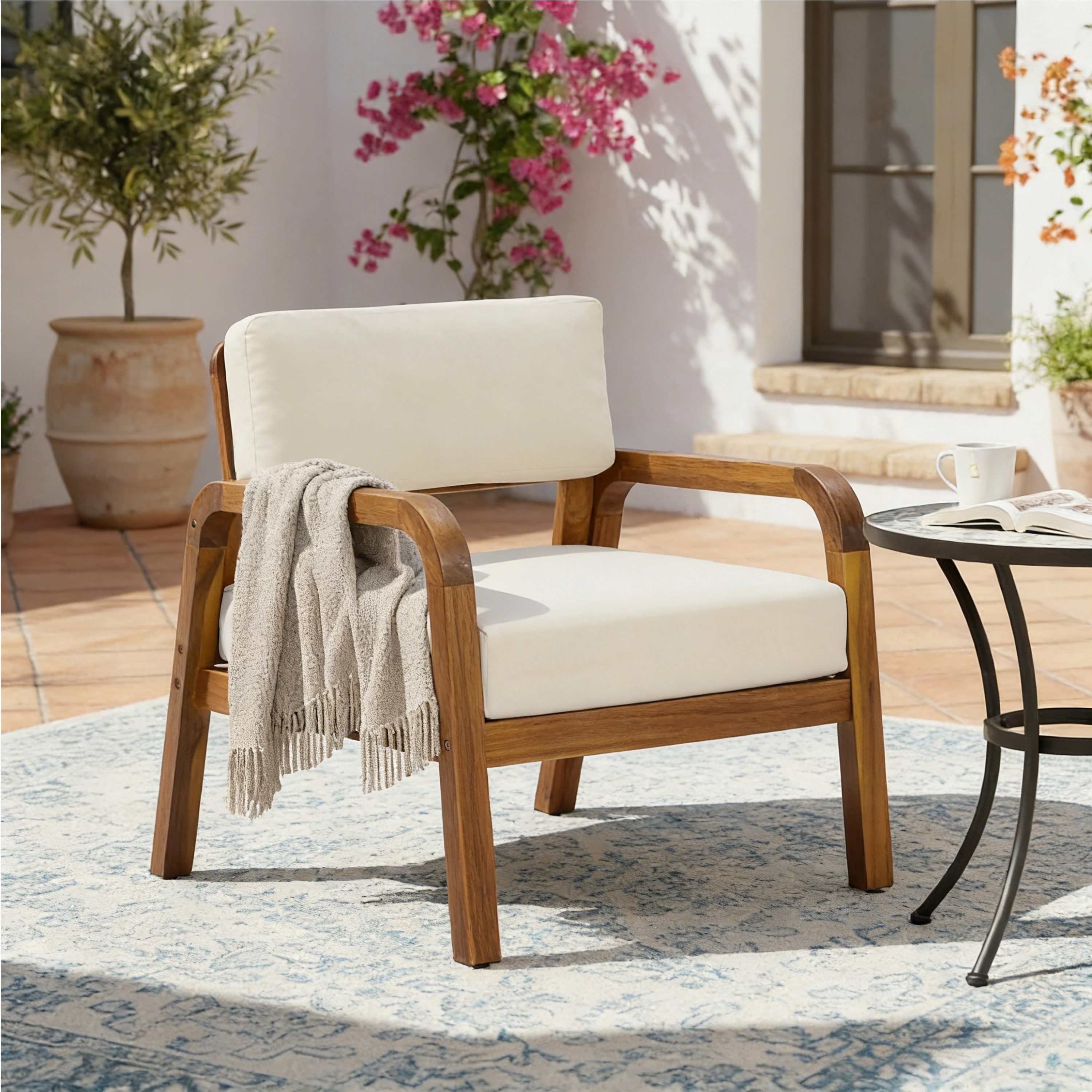 Christopher Knight Home - Outdoor Acacia Wood Patio Lounge Armchair with Velcro Fastened & Foam Filled Cushions