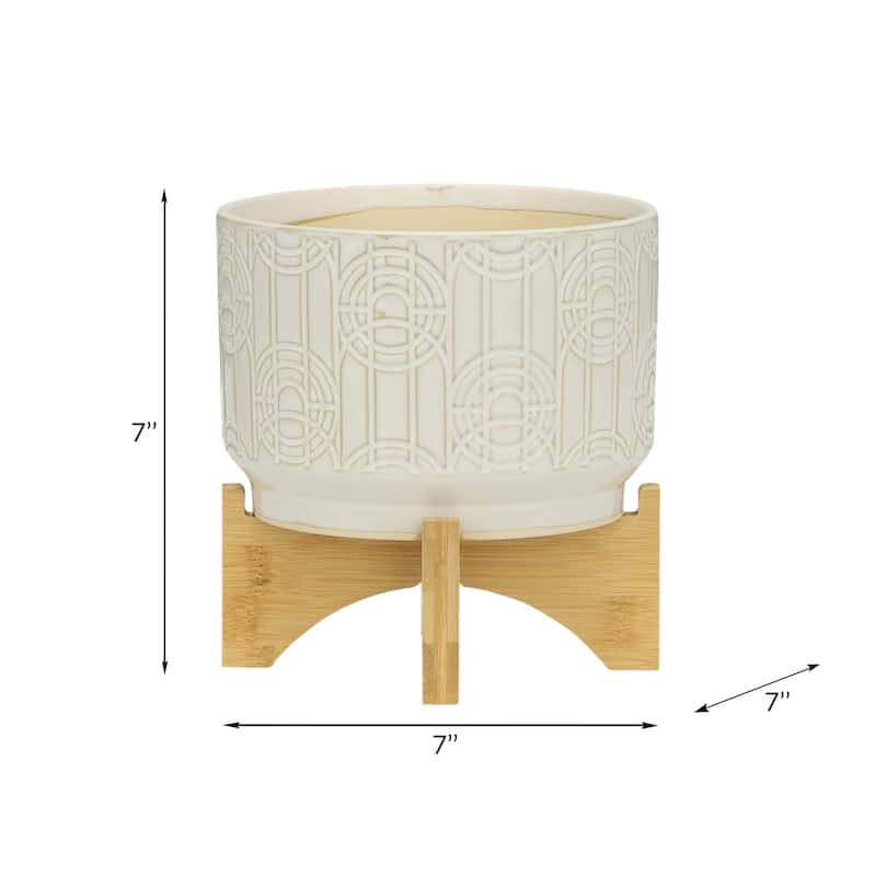 Off-white Etched Design Ceramic Planter with Natural Wood Stand