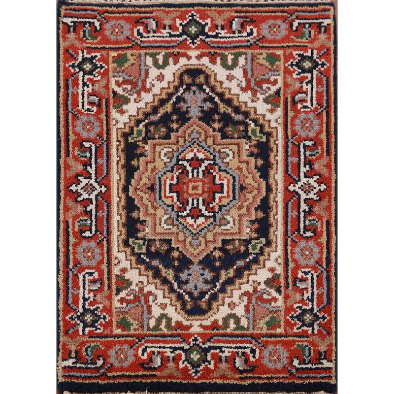 Hand Knotted Oriental 100% Wool Carpet Traditional Medallion Navy Blue & Blues Heriz (serapi) Area Rug - 3' 0'' X 2' 0''