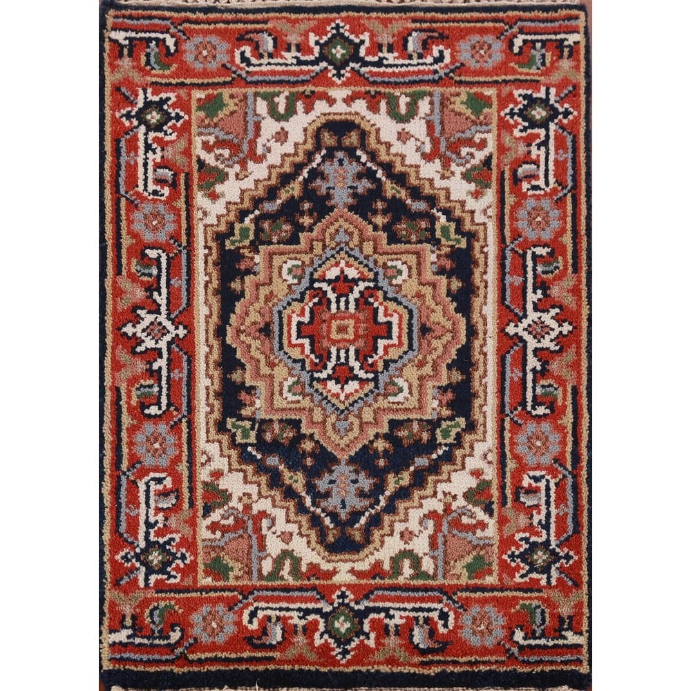 Hand Knotted Oriental 100% Wool Carpet Traditional Medallion Navy Blue & Blues Heriz (serapi) Area Rug - 3' 0'' X 2' 0''