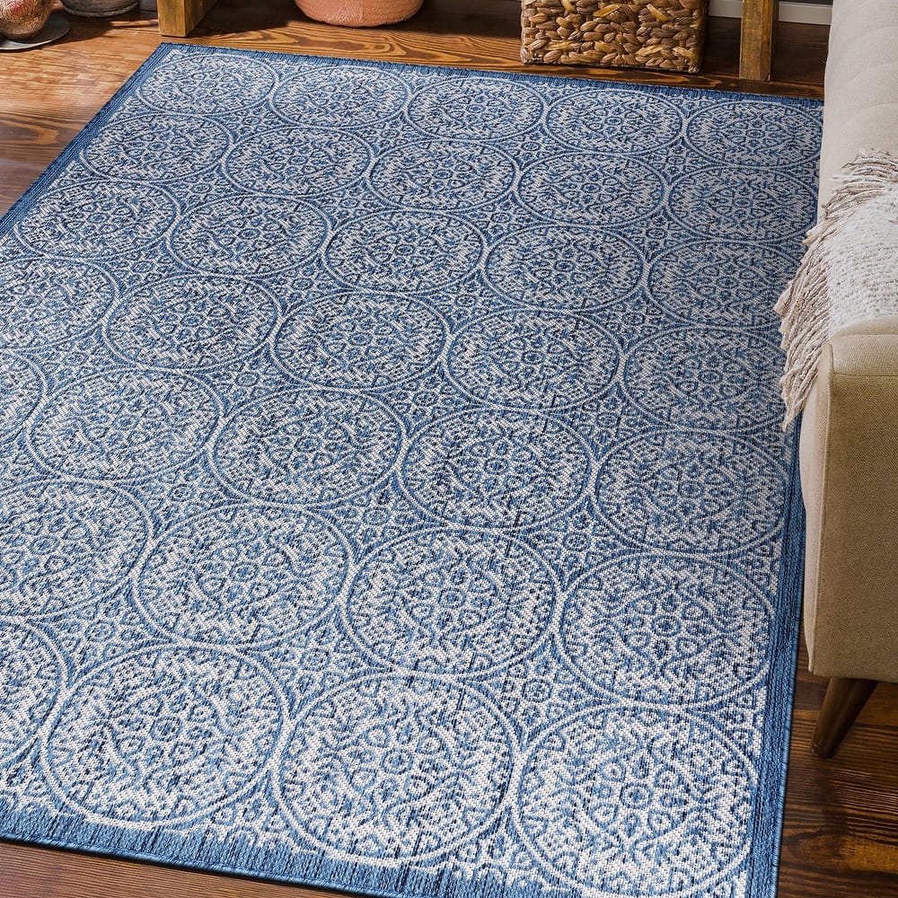 World Rug Gallery Transitional Floral Circles Textured Flat Weave Indoor/Outdoor Area Rug