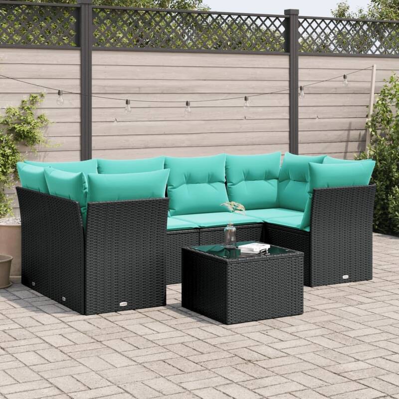 vidaXL 7 Piece Patio Sofa Set with Cushions Black Poly Rattan - 24.4 x 24.4 x 27.2 - Black - form2