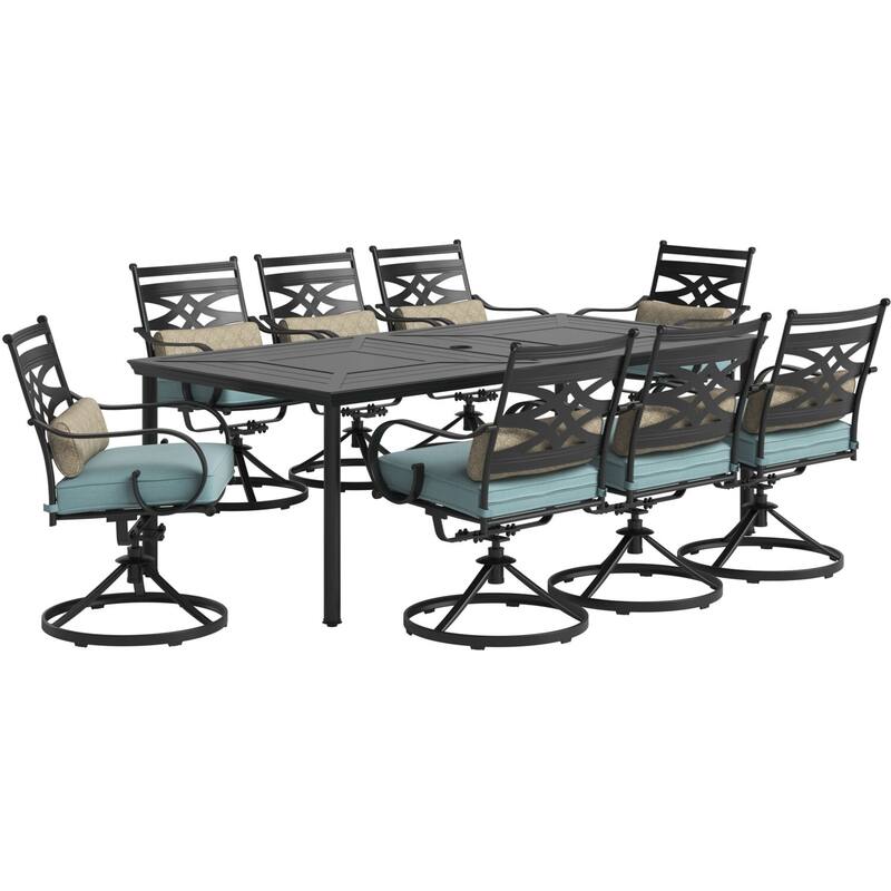 Hanover Montclair 9-Piece Dining Set in Ocean Blue with 8 Swivel Rockers and a 42-In. x 84-In. Table