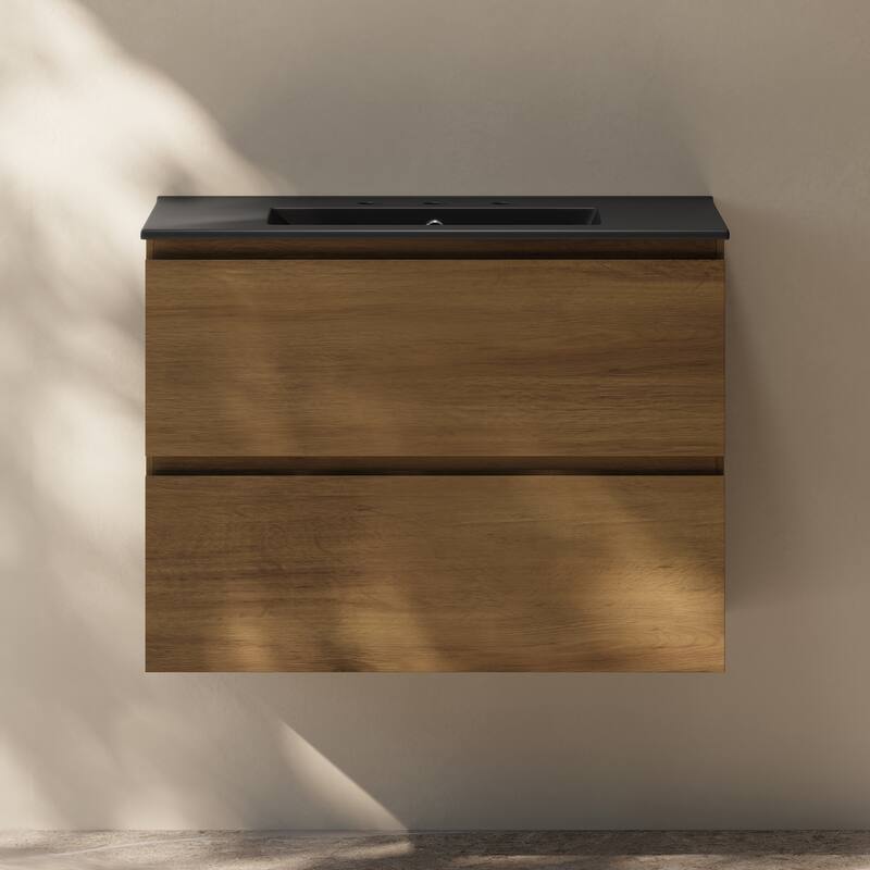 Liberte 30" Wall-Mounted Bathroom Vanity In Brown Oak With Black 3-Hole Widespread Sink Top - 30