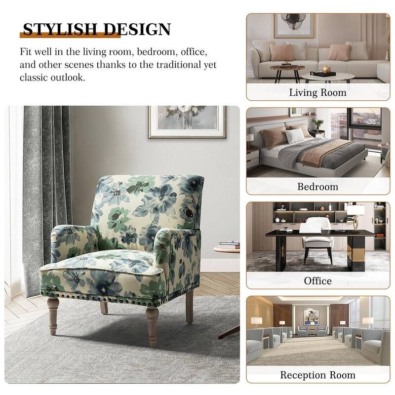 Pavia Traditional Floral Fabric Design Upholstered Accent Armchair with Nailhead Trim Set of 2 by HULALA HOME
