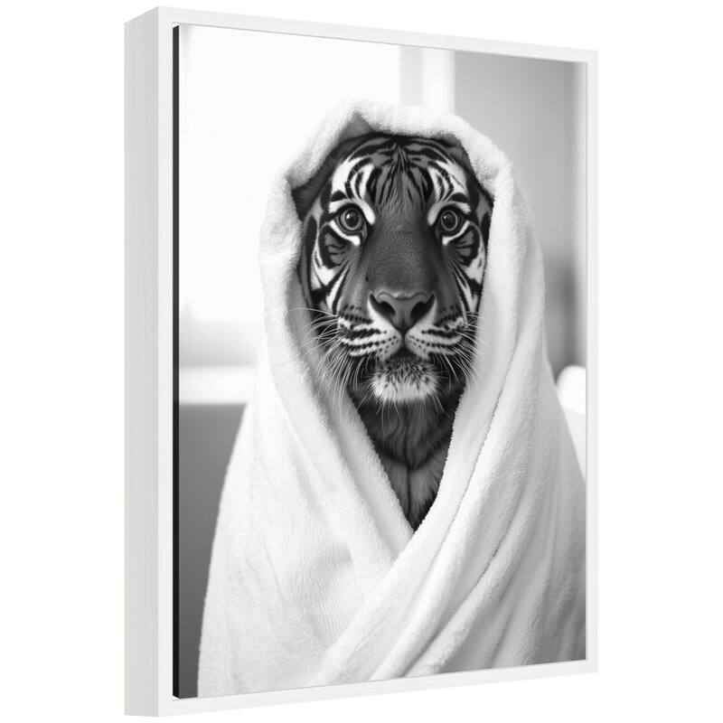 Kate and Laurel Sylvie Tiger Bathroom Art Towel Robe Black and White Framed Canvas by The Creative Bunch Studio - 18x24 - White