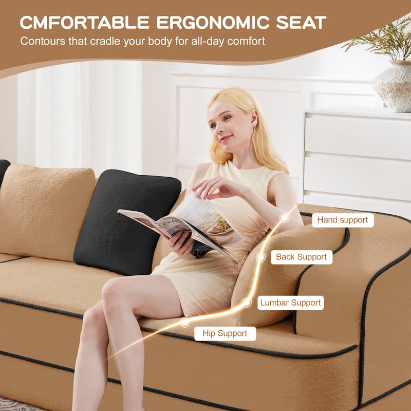 135" Two-Tone Sofa Teddy Fabric Sofa, Boneless Couch with Sponge Cushions, Stylish Sectional Sofa with Pillows for Living Room