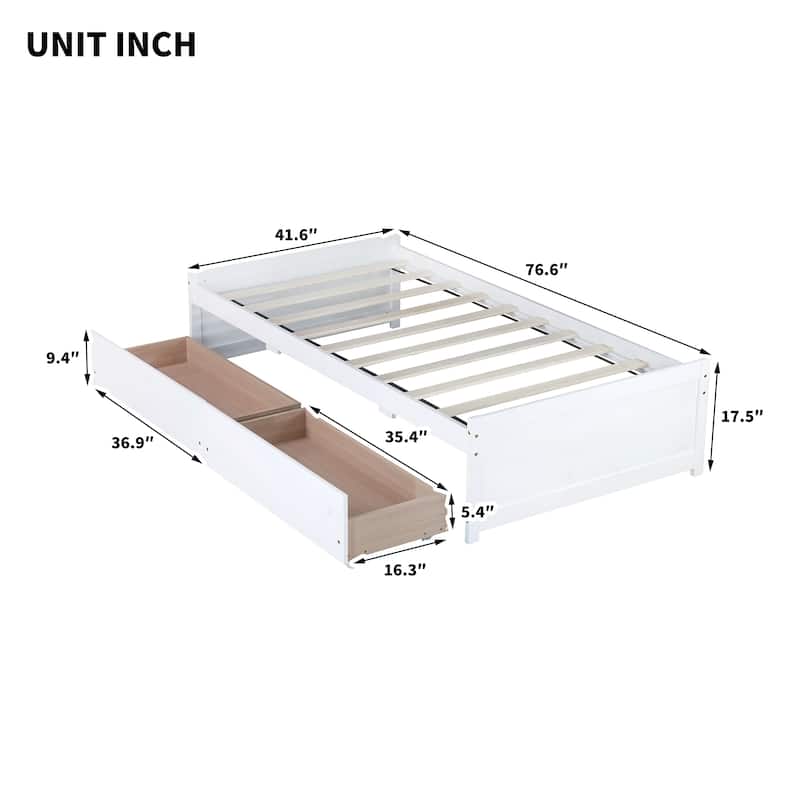 Roomfitters Twin Rubber Wood Bed Frame with Two Pull-Out Storage Units, Low Profile Platform Design