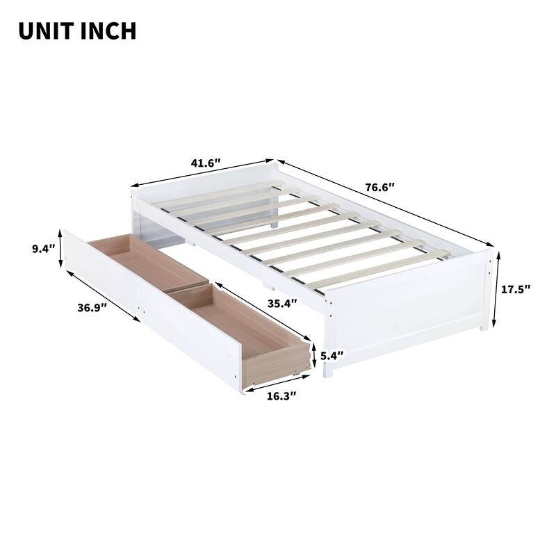 Twin Size Storage Bed with 2 Drawers Solid Rubber Wood Platform Bed, No Headboard