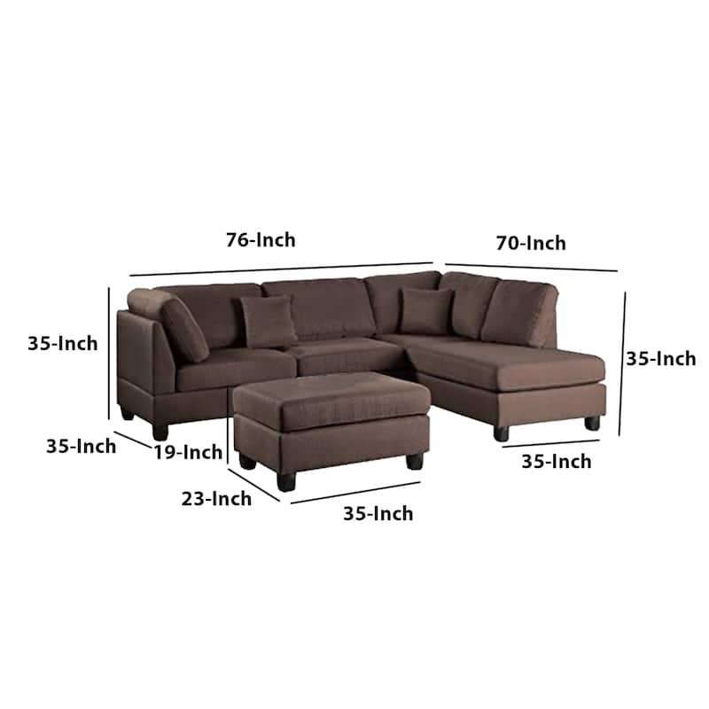 Linen Fabric 3 Pieces Sectional In Chocolate Brown