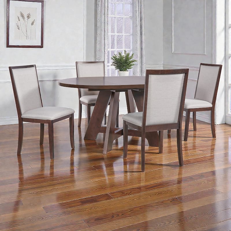 5-Piece Farmhouse Extendable Round Dining Table Set with 18" Removable Leaf and 4 Upholstered Chairs for Small Spaces
