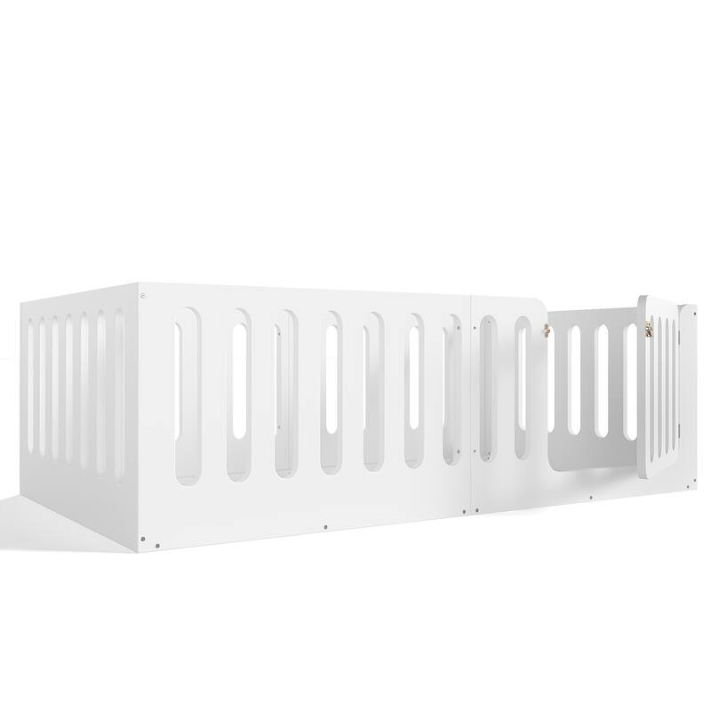Toddlers Montessori Floor Bed with High Fence, Door, Low Profile Platform Bed Frame for Kids with No Box Spring Needed, No Slats