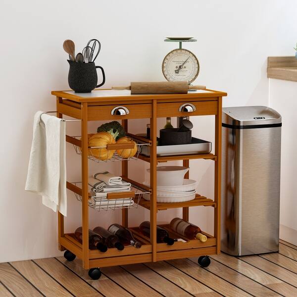 HOMCOM Wooden Rolling Kitchen Cart Tile Counter Top Utility ...