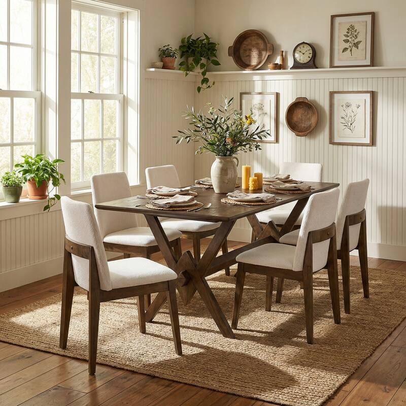 Christopher Knight Home - Modern 7-Piece Dining Set with Rectangular V-Base Dining Table & Upholstered Parsons Dining Chairs
